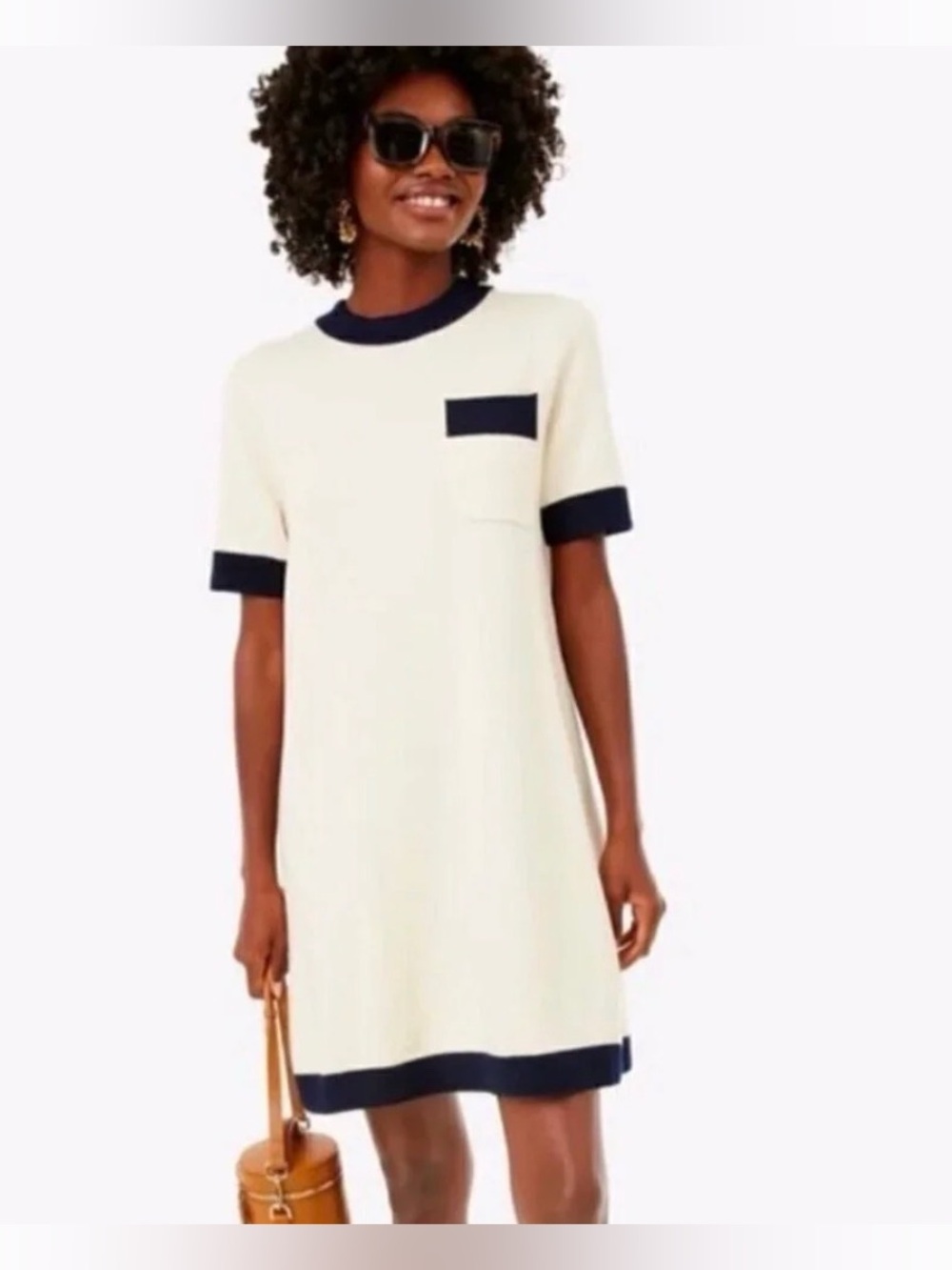 Tuckernuck Cream and Navy Short-Sleeve Knit Shirt Dress